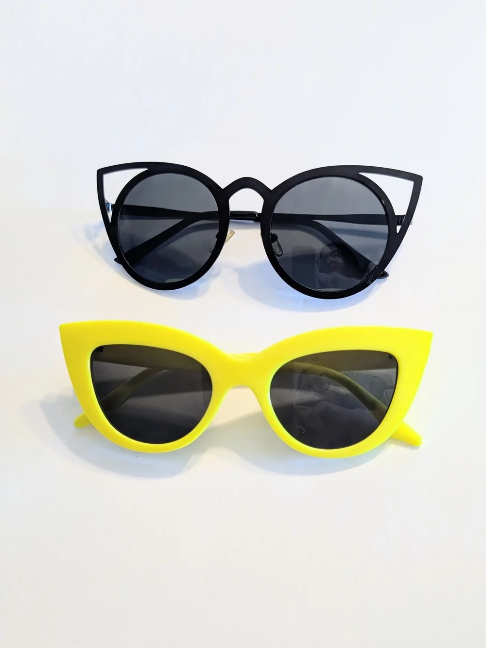Lot of 2 Y2K Retro Cat Eye Sunglasses Neon Yellow & Black Cutout Wire Frame